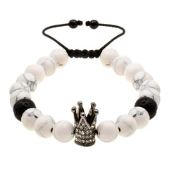 Pulseras de Parejas Rey y Reina Corona, Piedras Howlita Blanca y Ágata Negra Ajustables Pulseras de Parejas Rey y Reina Corona, Piedras Howlita Blanca y Ágata Negra Ajustables