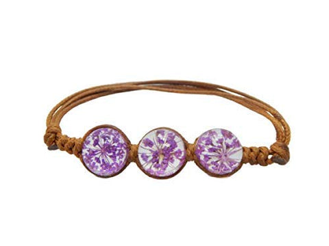 Pulsera Ajustable Con Flores Naturales Lila Encapsuladas en Cristal