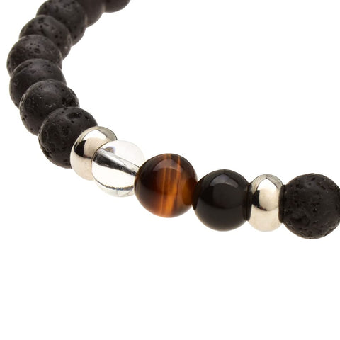 Pulsera de Piedras Volcánicas 6 mm con Obsidiana, Ojo de Tigre y Cuarzo Blanco