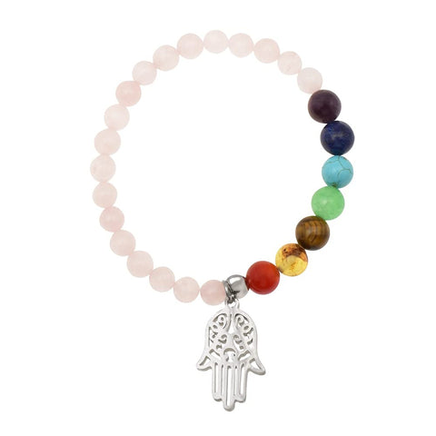 Pulsera de los 7 Chakras con Piedras Semipreciosas Cuarzo Rosa 6 Milimetros y Dije Hamsa Mano de Fatima