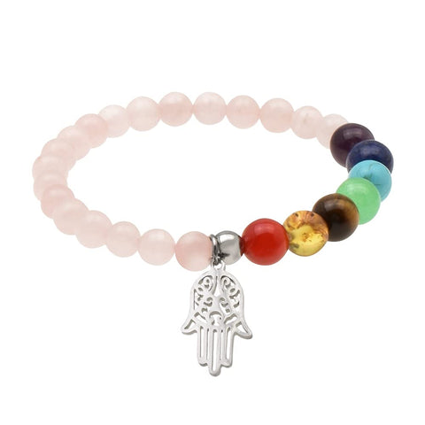 Pulsera de los 7 Chakras con Piedras Semipreciosas Cuarzo Rosa 6 Milimetros y Dije Hamsa Mano de Fatima