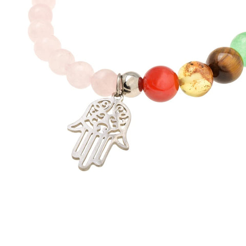 Pulsera de los 7 Chakras con Piedras Semipreciosas Cuarzo Rosa 6 Milimetros y Dije Hamsa Mano de Fatima