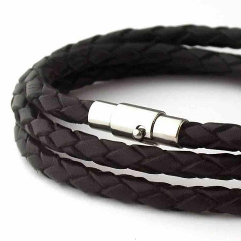 Pulsera Para Hombre Cuero PU Negro 4 mm con Broche Magnético y Seguro de Acero Inoxidable – Resistente al Agua y Sudor – Ideal para Regalo – Incluye Bolsita de Regalo