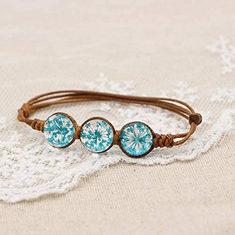 Pulsera Ajustable Con Flores Naturales Azul Encapsuladas en Cristal