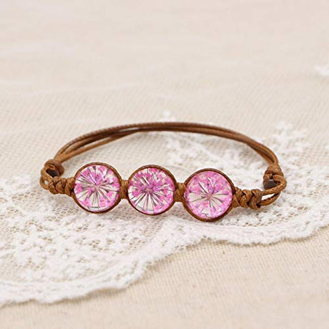 Pulsera Ajustable Con Flores Naturales Rosa Encapsuladas en Cristal