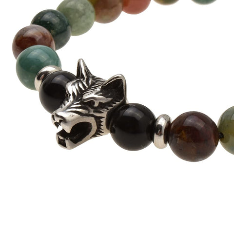 Pulsera Lobo de Piedras Obsidianas y Agata India De 8 Milimetros Pulsera Para Hombre