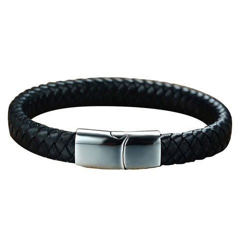 Pulsera Para Hombre Cuero Negro Broche de Acero Inoxidable Longitud 20.8 cm