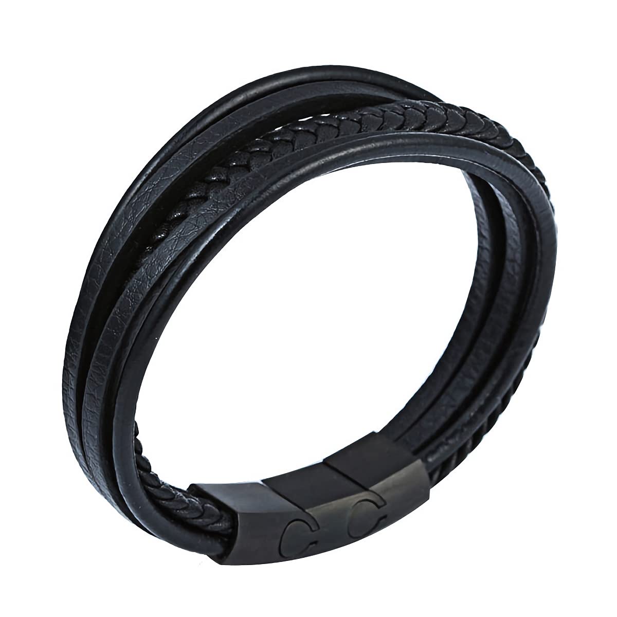 Pulsera Para Caballero con Extension, Cuero Negro Broche de Acero Inoxidable Titanium Longitud 22 centimetros