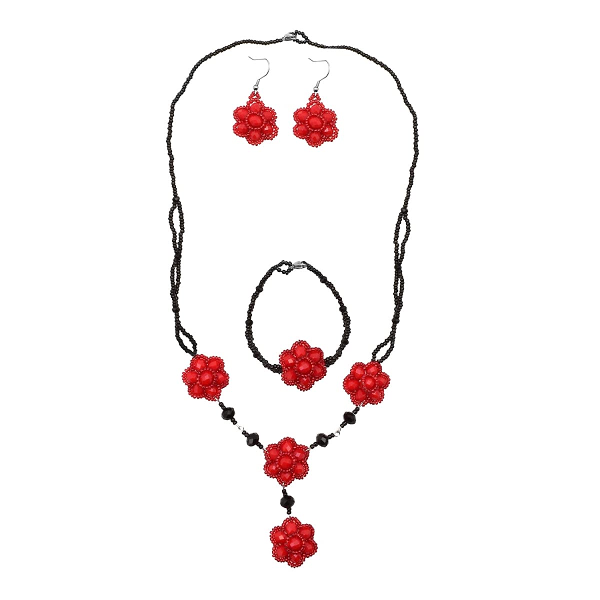 Set de Joyeria para mujer, Collar, Pulsera y Aretes en Chaquiras Rojo y Negro Hecho a Mano, Conjunto en Acero Inoxidable