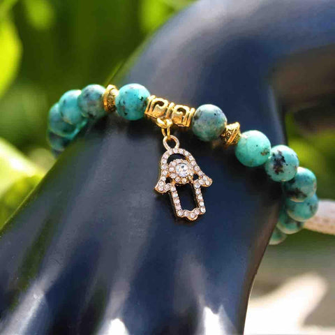 Pulsera con Mano de Fátima (Hamsa) y Flor de Lluvia | Piedras Naturales, Elástica | Joyería Artesanal | Libela Joyería Artesanal