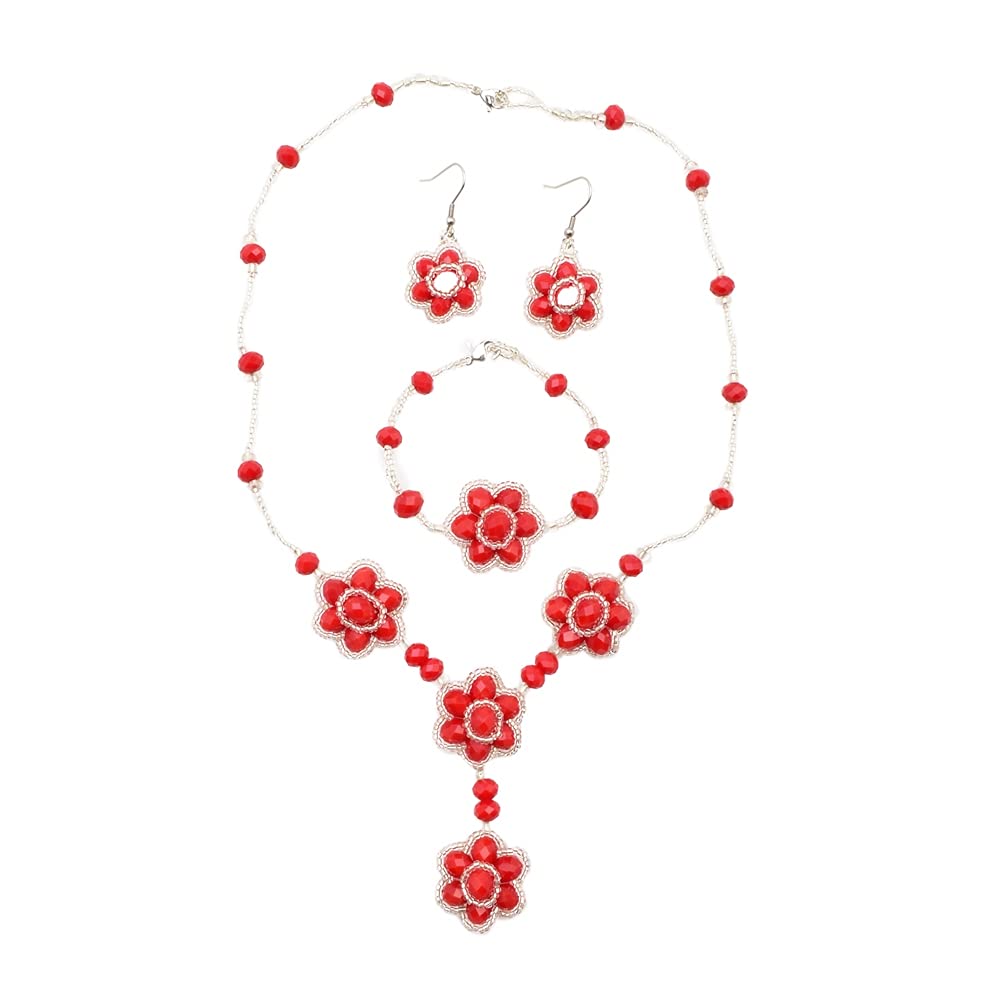 Set de Joyeria Para Mujer, Collar, Pulsera y Aretes en Chaquiras Rojas Hecho a Mano, Conjunto en Acero Inoxidable