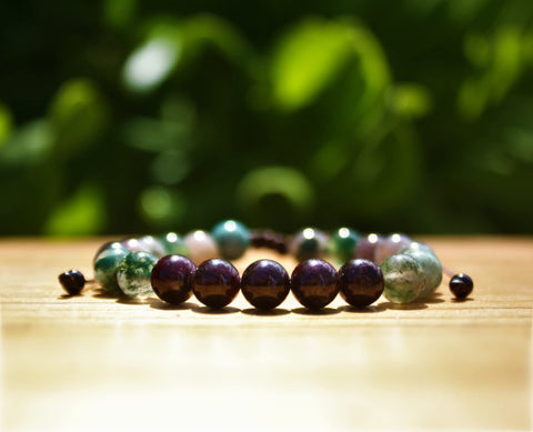 Pulsera de Agata de la India y Granate, Brazalete para Hombre y Mujer en Hilo Encerado, Pulsera de Piedras Naturales