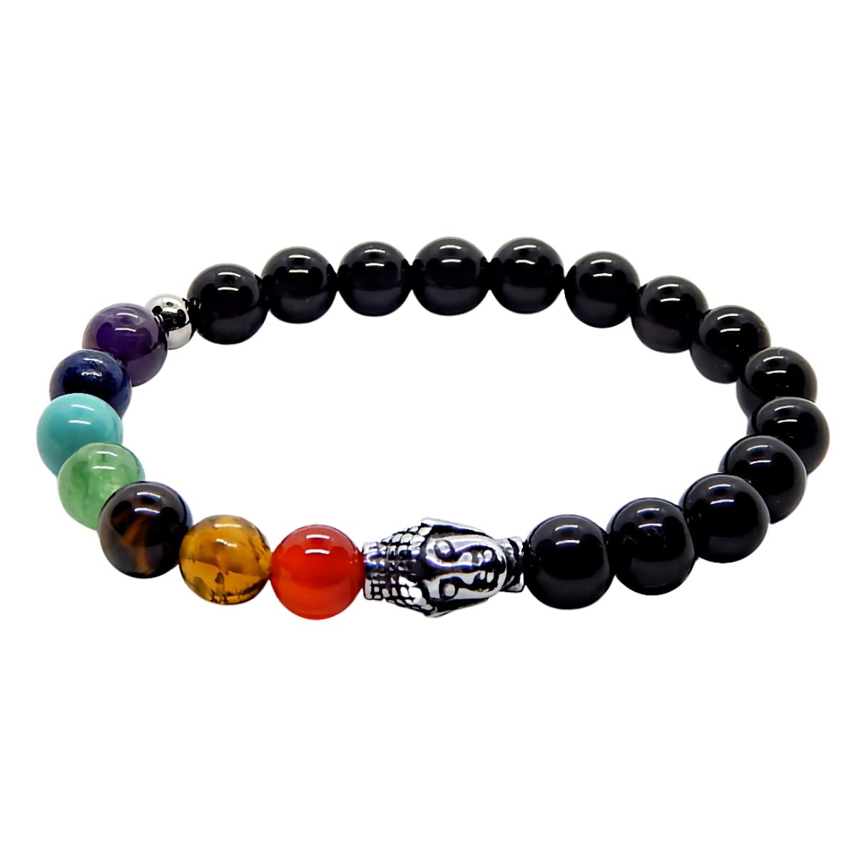 Pulsera 7 Chakras Piedras Naturales con Obsidianas y Dije de Buda Acero Inoxidable