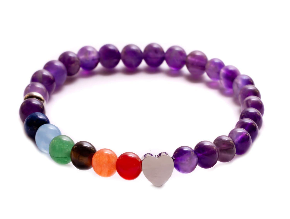 Pulsera de los 7 Chakras con Cuarzo Amatista 6 milimetros y Dije de Corazon Acero Inoxidable