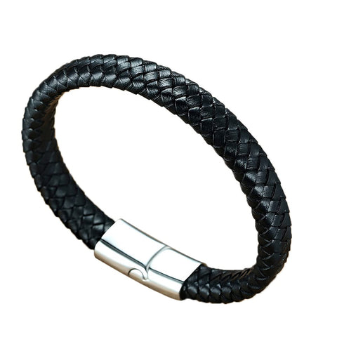 Pulsera Para Hombre Cuero Negro Broche de Acero Inoxidable Longitud 20.8 cm