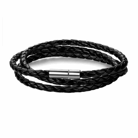 Pulsera Para Hombre Cuero PU Negro 4 mm con Broche Magnético y Seguro de Acero Inoxidable – Resistente al Agua y Sudor – Ideal para Regalo – Incluye Bolsita de Regalo