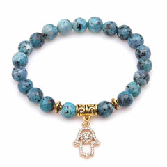 Pulsera con Mano de Fátima (Hamsa) y Flor de Lluvia | Piedras Naturales, Elástica | Joyería Artesanal | Libela Joyería Artesanal