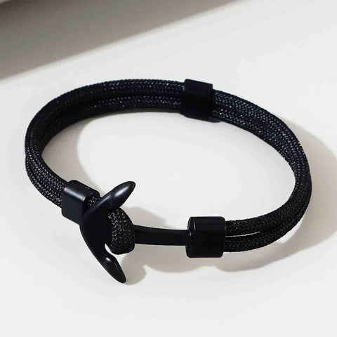 Libela Pulsera de Ancla Para Hombre en Cordon Color Negro Estilo Nautico, Brazalete Hombre, Pulsera Cuerda y Broche de Ancla