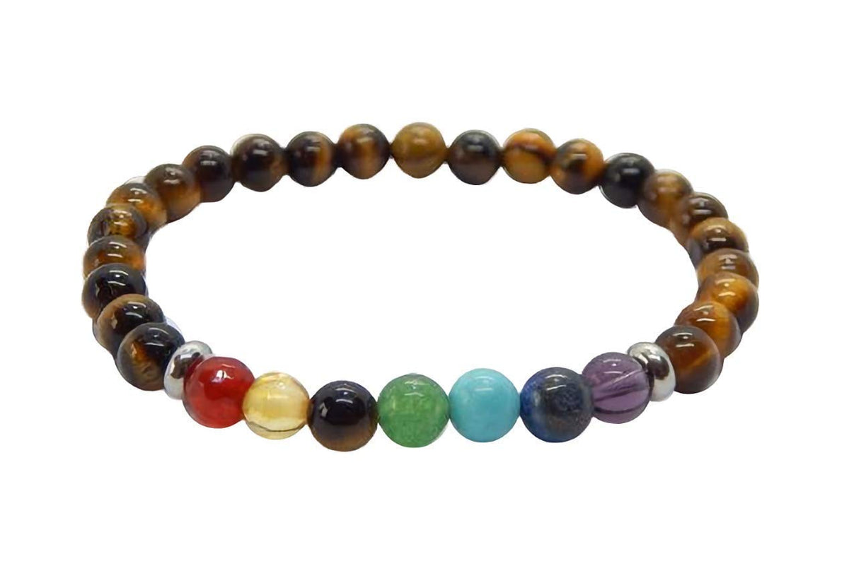 Pulsera 7 Chakras Ojo de Tigre 6 Milimetros y Separadores de Acero Piedras Naturales