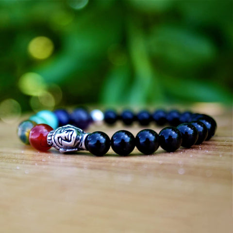 Pulsera 7 Chakras Piedras Naturales con Obsidianas y Dije de Buda Acero Inoxidable