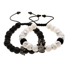 Pulseras de Parejas Rey y Reina Corona, Piedras Howlita Blanca y Ágata Negra Ajustables
