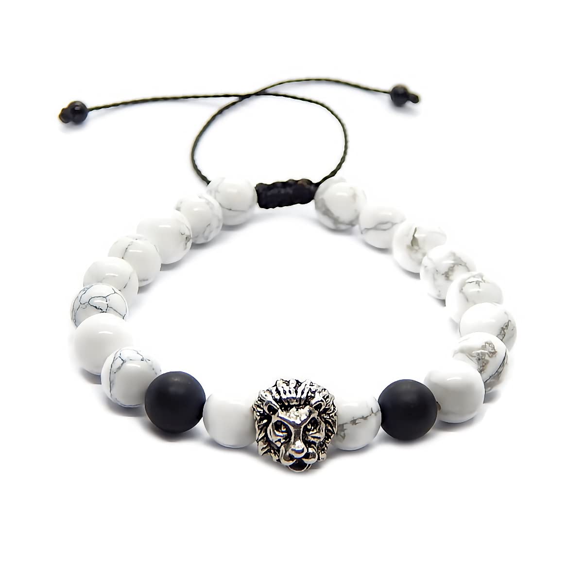 Pulsera Agata Negra y Howlita con Dije de Leon Libela Pulsera para Hombre