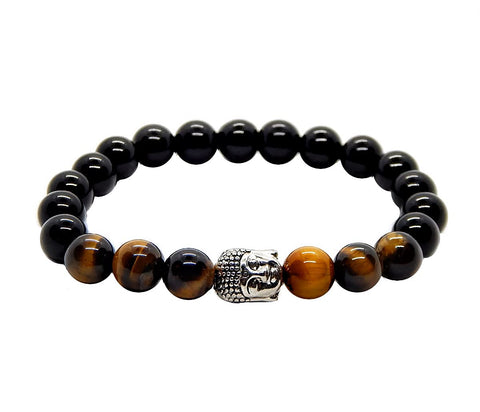 Pulsera Ojo de tigre y Obsidiana con Dije Buda