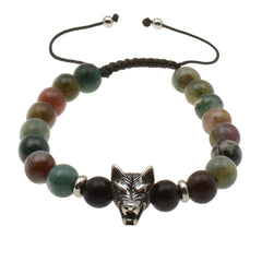 Libela Pulsera Lobo de Piedras Obsidianas y Agata India De 8 Milimetros Pulsera Para Hombre