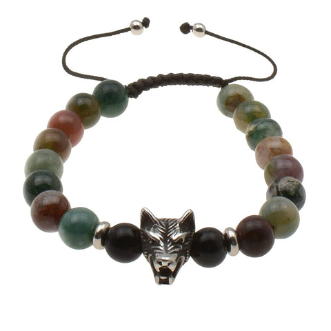 Pulsera Lobo de Piedras Obsidianas y Agata India De 8 Milimetros Pulsera Para Hombre