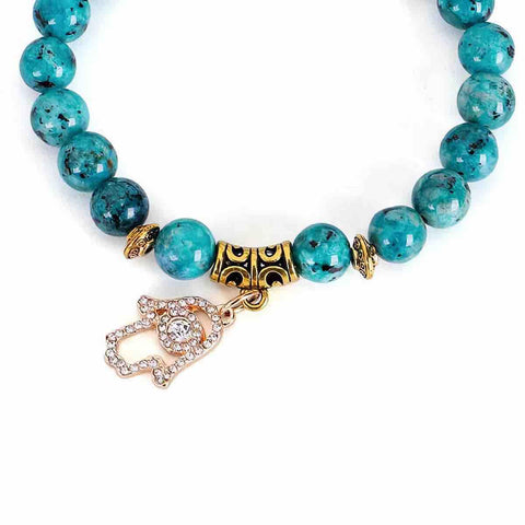 Pulsera con Mano de Fátima (Hamsa) y Flor de Lluvia | Piedras Naturales, Elástica | Joyería Artesanal | Libela Joyería Artesanal