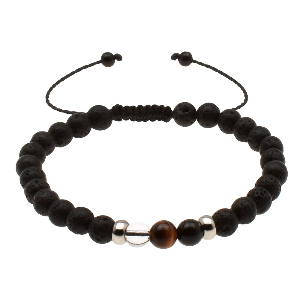 Pulsera de Piedras Volcánicas 6 mm con Obsidiana, Ojo de Tigre y Cuarzo Blanco