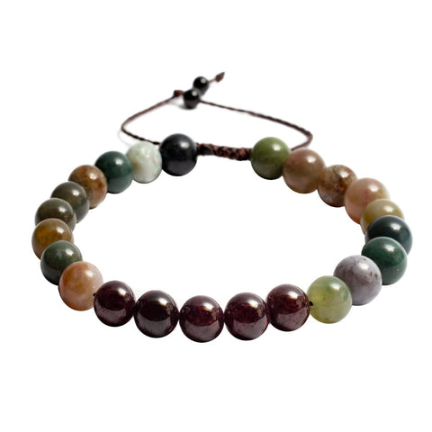 Pulsera de Agata de la India y Granate, Brazalete para Hombre y Mujer en Hilo Encerado, Pulsera de Piedras Naturales