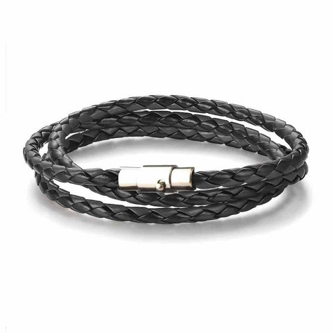 Pulsera Para Hombre Cuero PU Negro 4 mm con Broche Magnético y Seguro de Acero Inoxidable – Resistente al Agua y Sudor – Ideal para Regalo – Incluye Bolsita de Regalo