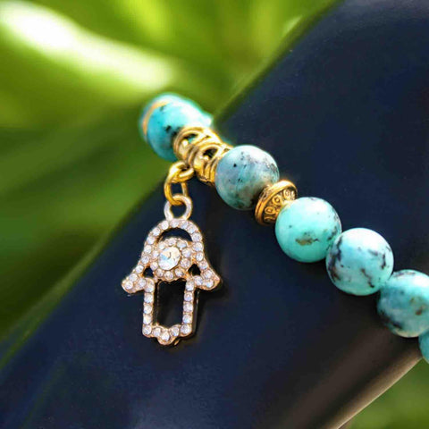 Pulsera con Mano de Fátima (Hamsa) y Flor de Lluvia | Piedras Naturales, Elástica | Joyería Artesanal | Libela Joyería Artesanal