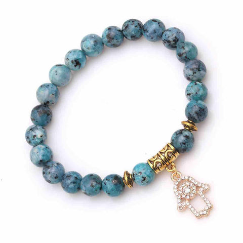 Pulsera con Mano de Fátima (Hamsa) y Flor de Lluvia | Piedras Naturales, Elástica | Joyería Artesanal | Libela Joyería Artesanal