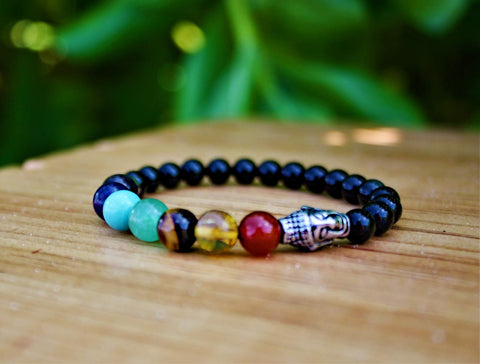 Pulsera 7 Chakras Piedras Semipreciosas Obsidianas 6 Milimetros y Dije de Buda