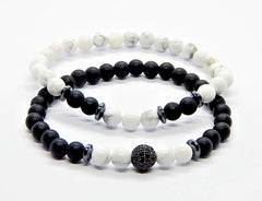 Libela Pulseras de Pareja con Howlita y Agata Negra 2 Piezas, Pulsera Negra y Blanca
