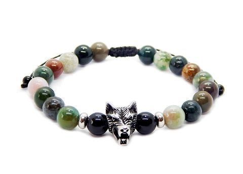 Pulsera Lobo de Piedras Obsidianas y Agata India De 8 Milimetros Pulsera Para Hombre