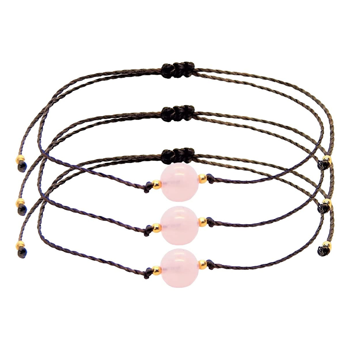 Juego de 3 Pulseras Libela Cuarzo Rosa en Hilo Encerado Ajustable