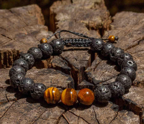 Libela Pulsera de Piedras Volcánicas con Ojo de Tigre Piedras Naturales, Brazalete para Hombre y Mujer en Hilo Encerado y Cierre con Nudo Corredizo Ajustable