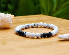 Libela Pulseras de Pareja con Howlita y Agata Negra 2 Piezas, Pulsera Negra y Blanca