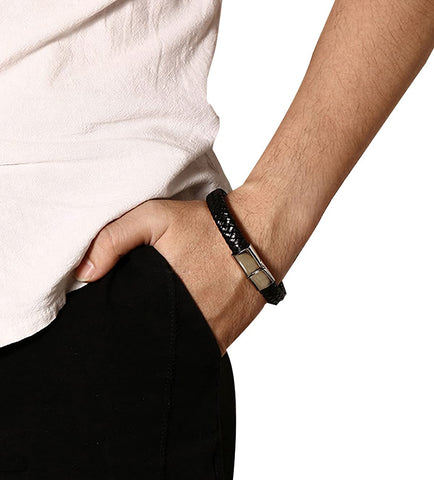 Pulsera Para Hombre Cuero Negro Broche de Acero Inoxidable Longitud 20.8 cm