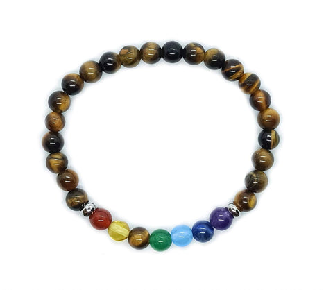 Pulsera 7 Chakras Ojo de Tigre 6 Milimetros y Separadores de Acero Piedras Naturales