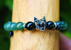 Libela Pulsera Lobo de Piedras Obsidianas y Agata India De 8 Milimetros Pulsera Para Hombre