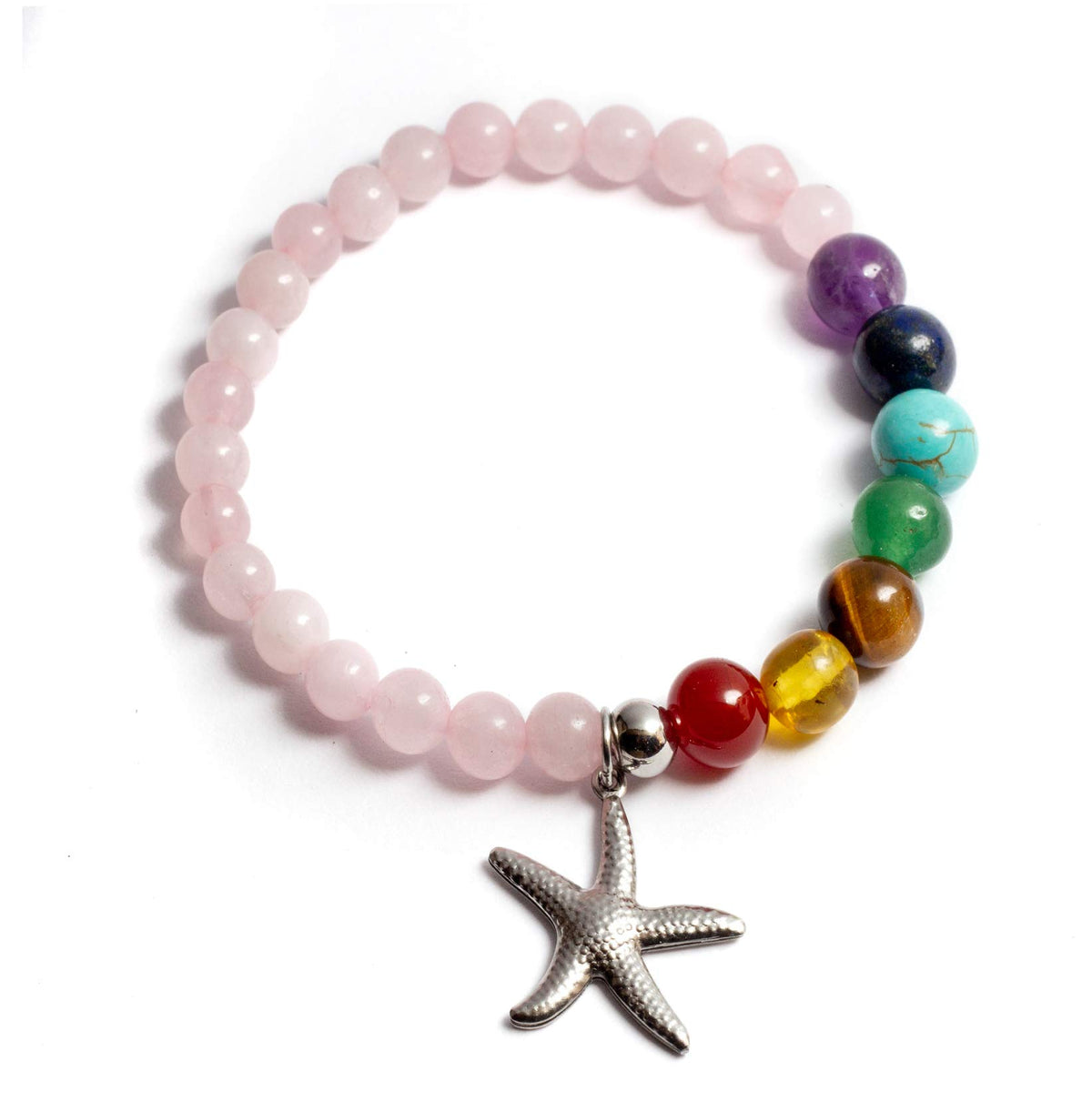 Pulsera de los 7 Chakras con Piedras Semipreciosas Cuarzo Rosa 6 mil’metros y Dije Estrella del Mar