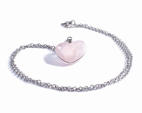 Collar De Cuarzo Rosa Coraz—n, Piedras Naturales y Cadena de Acero Inoxidable