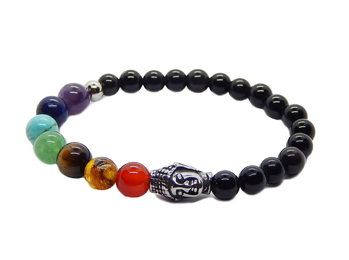 Pulsera 7 Chakras Piedras Semipreciosas Obsidianas 6 Milimetros y Dije de Buda