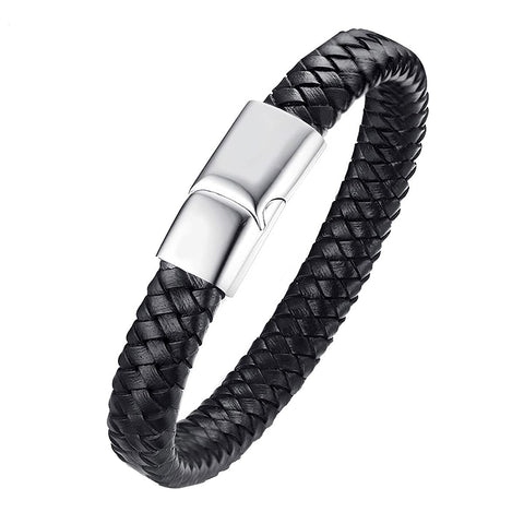 Pulsera Para Hombre Cuero Negro Broche de Acero Inoxidable Longitud 20.8 cm