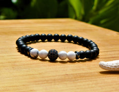 Libela Pulseras de Pareja con Howlita y Agata Negra 2 Piezas, Pulsera Negra y Blanca