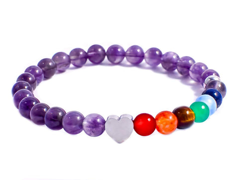 Pulsera de los 7 Chakras con Cuarzo Amatista 6 milimetros y Dije de Corazon Acero Inoxidable